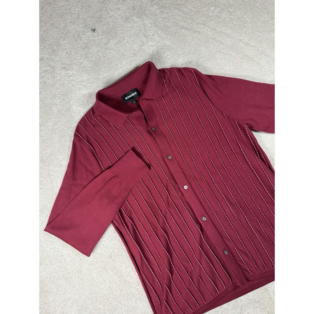 Bonobos Men's Medium Burgundy Knit Polo Shirt Long Sleeve Button Front Cotton